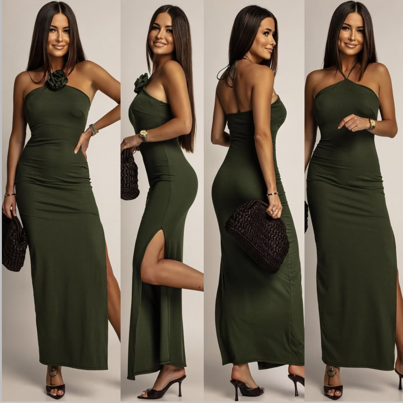 Rosalie dress with brooch olive - Image 3