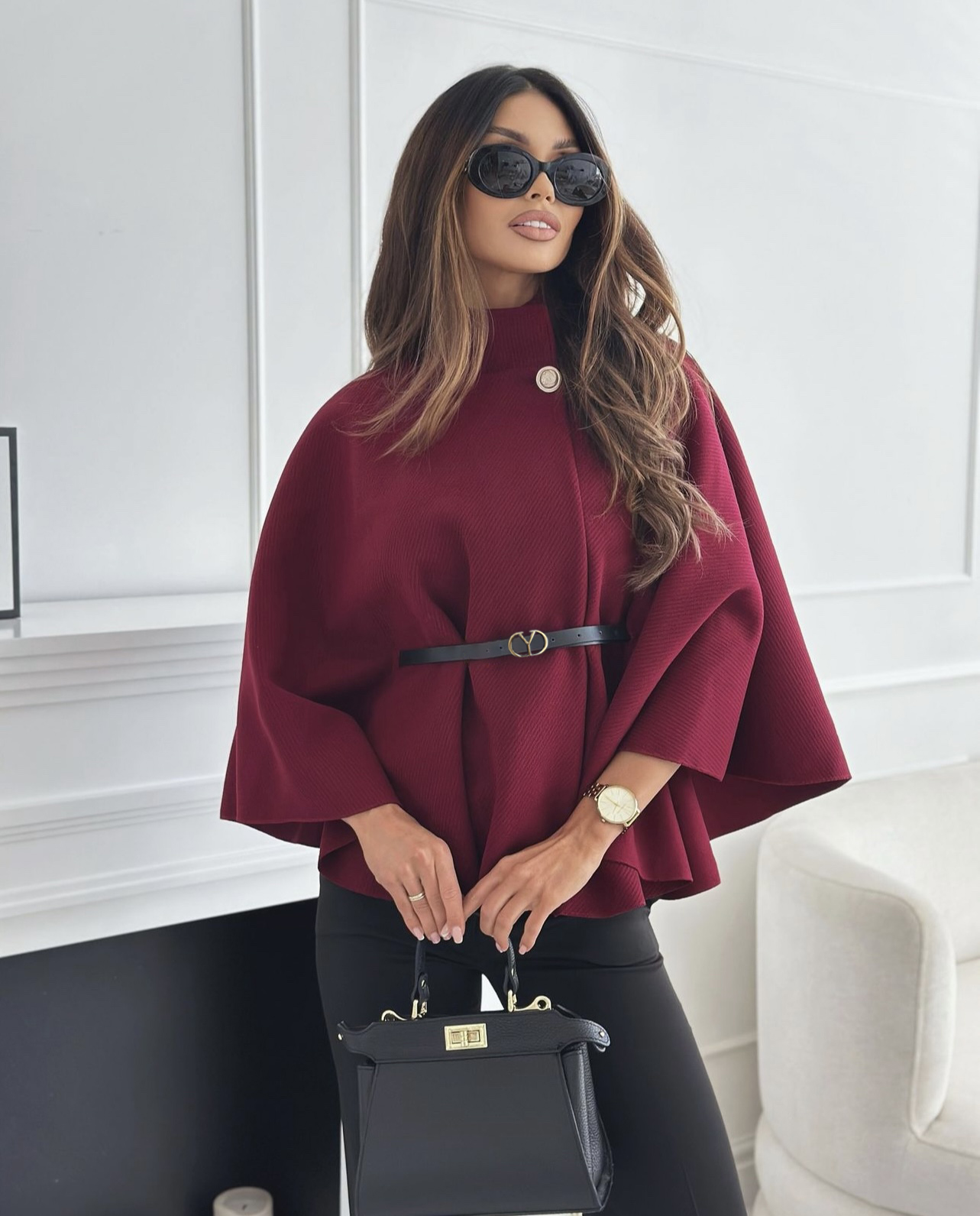 Aurella poncho coat with belt burgundy