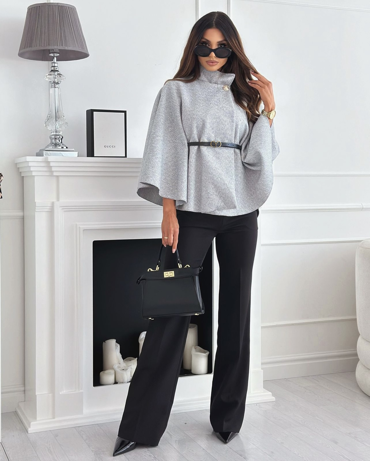 Aurella poncho coat with belt, grey - Image 2