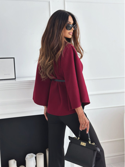 Aurella poncho coat with belt burgundy - Image 2