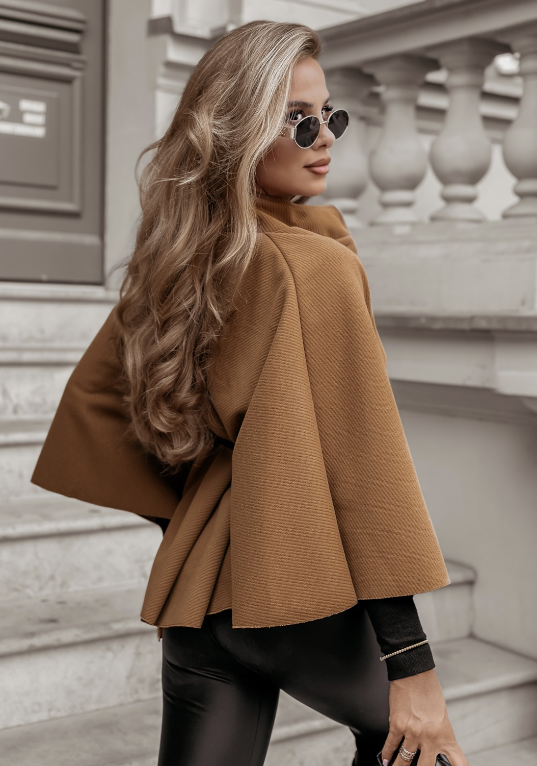 Aurella poncho coat with belt camel - Image 3